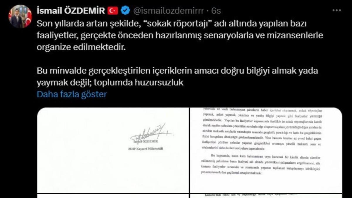 MHP'den sokak röportajlarına yönelik yasa teklifi: 'Yalnızca Yetkilendirilmiş Kişiler Yapabilsin' MHP'den sokak röportajlarına yönelik yasa teklifi: 'Yalnızca Yetkilendirilmiş Kişiler Yapabilsin'