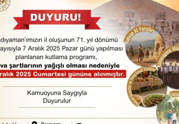 Adıyaman’ın il oluş yıldönümü etkinliği 6 Aralık’a alındı