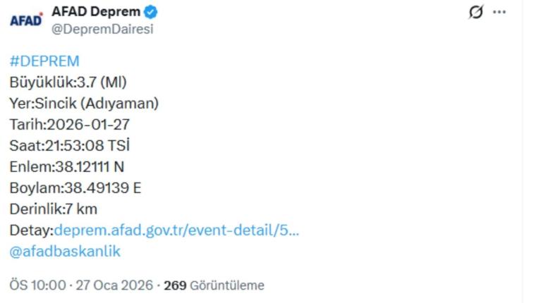 Adıyaman’ın Sincik ilçesinde 3,7 büyüklüğünde deprem