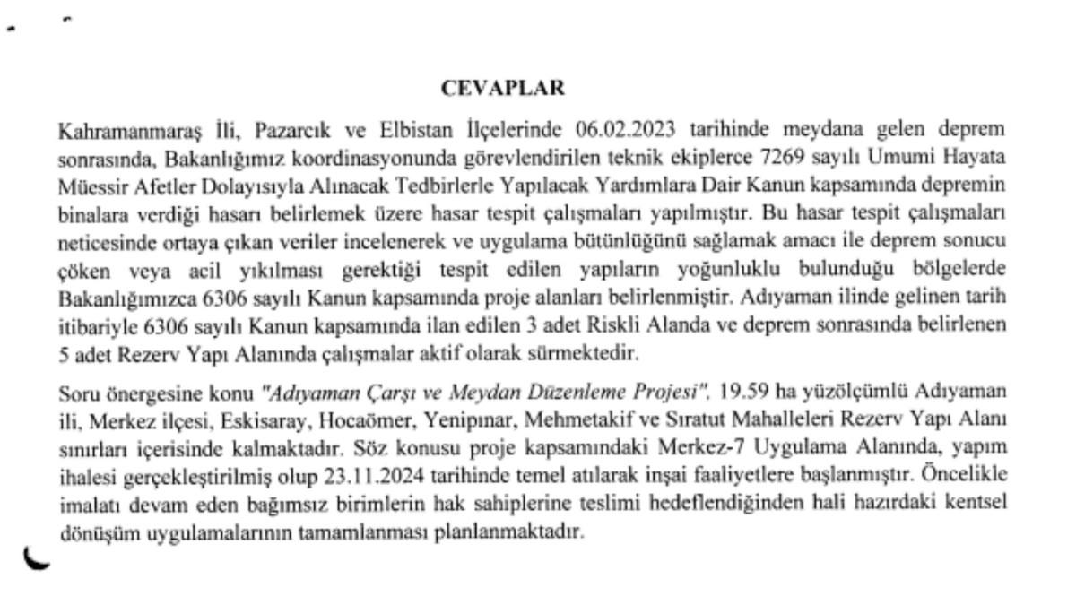 CHP'li Cem Avşar'ın ‘Adıyaman Çarşı ve Meydan Düzenleme Projesi’ sorusuna bakanlıktan belirsizlik içeren yanıt